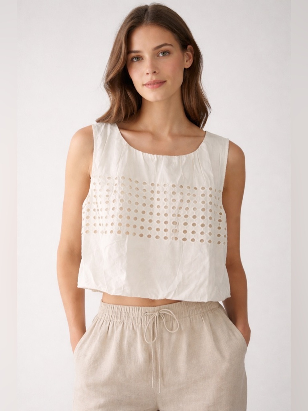 Jennifer & Grace Crop Bubble Top NWT Cream Eyelet Sleeveless Cotton Size XL